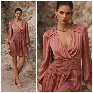 Anthropologie Current Air Satin Smocked Tiered Mini Dress
